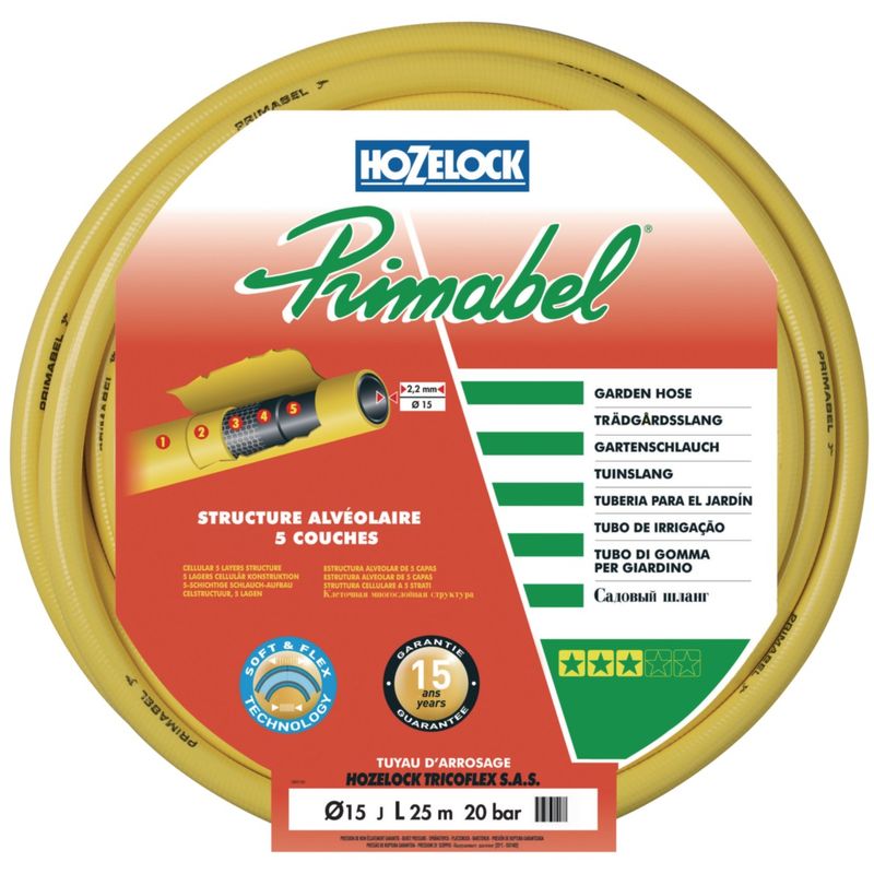 [29389] TUYAU 25M PRIMABEL JAUNE 15 MM TRICOTE 5 COUCHES P.S. 8 BARS