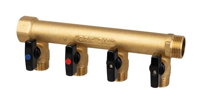 DISTRIBUTEUR Ø26 MF 3/4" ENTRAXE 50MM 4 PIQUAGES AVEC MINI VANNES INTÉGRÉES M1/2" 958-1C