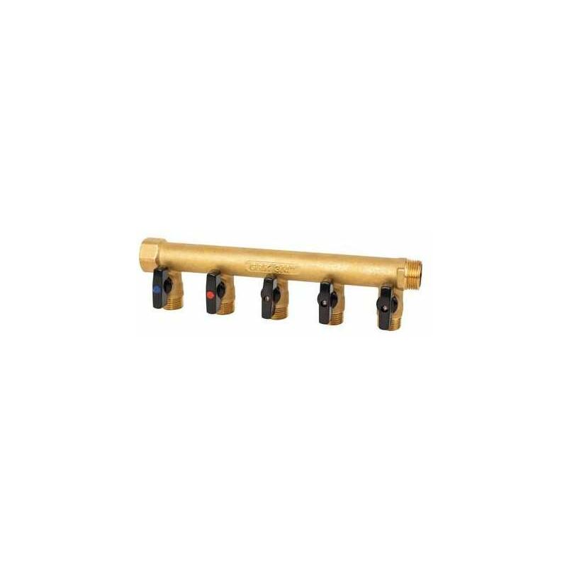 [703958-1D] DISTRIBUTEUR Ø26 MF 3/4" ENTRAXE 50MM 5 PIQUAGES AVEC MINI VANNES INTÉGRÉES M1/2" 958-1D